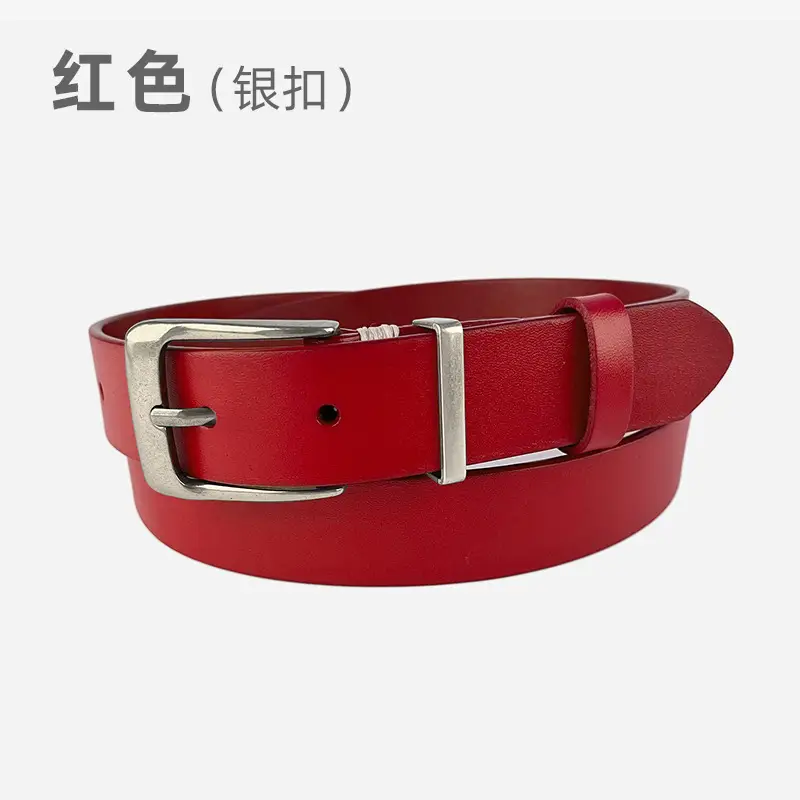 Red Vintage Genuine Leather Women's Belt with Silver Buckle
