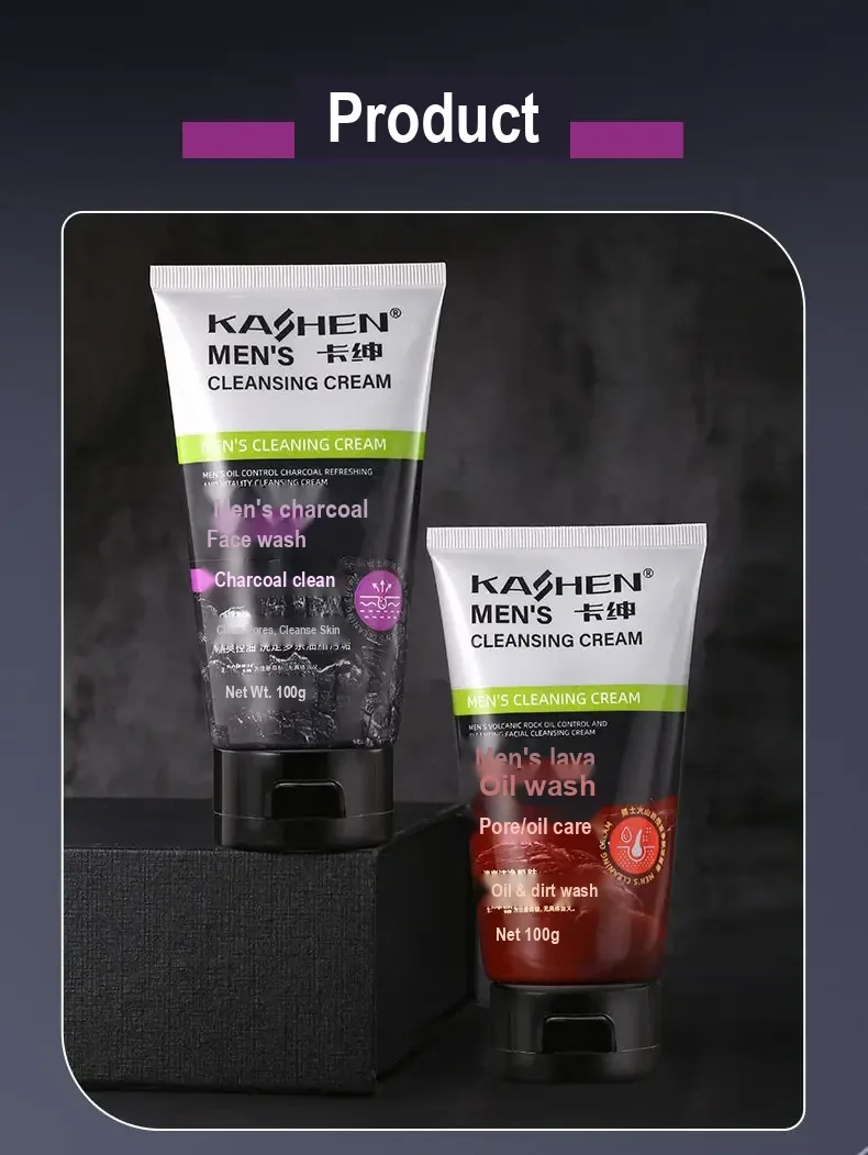Both cleanser variants displayed in upright tubes, charcoal and volcanic rock.