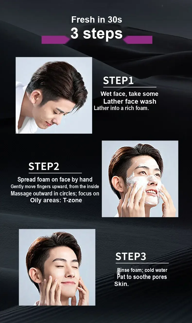 Illustrated three-step face-washing instructions with a male model.