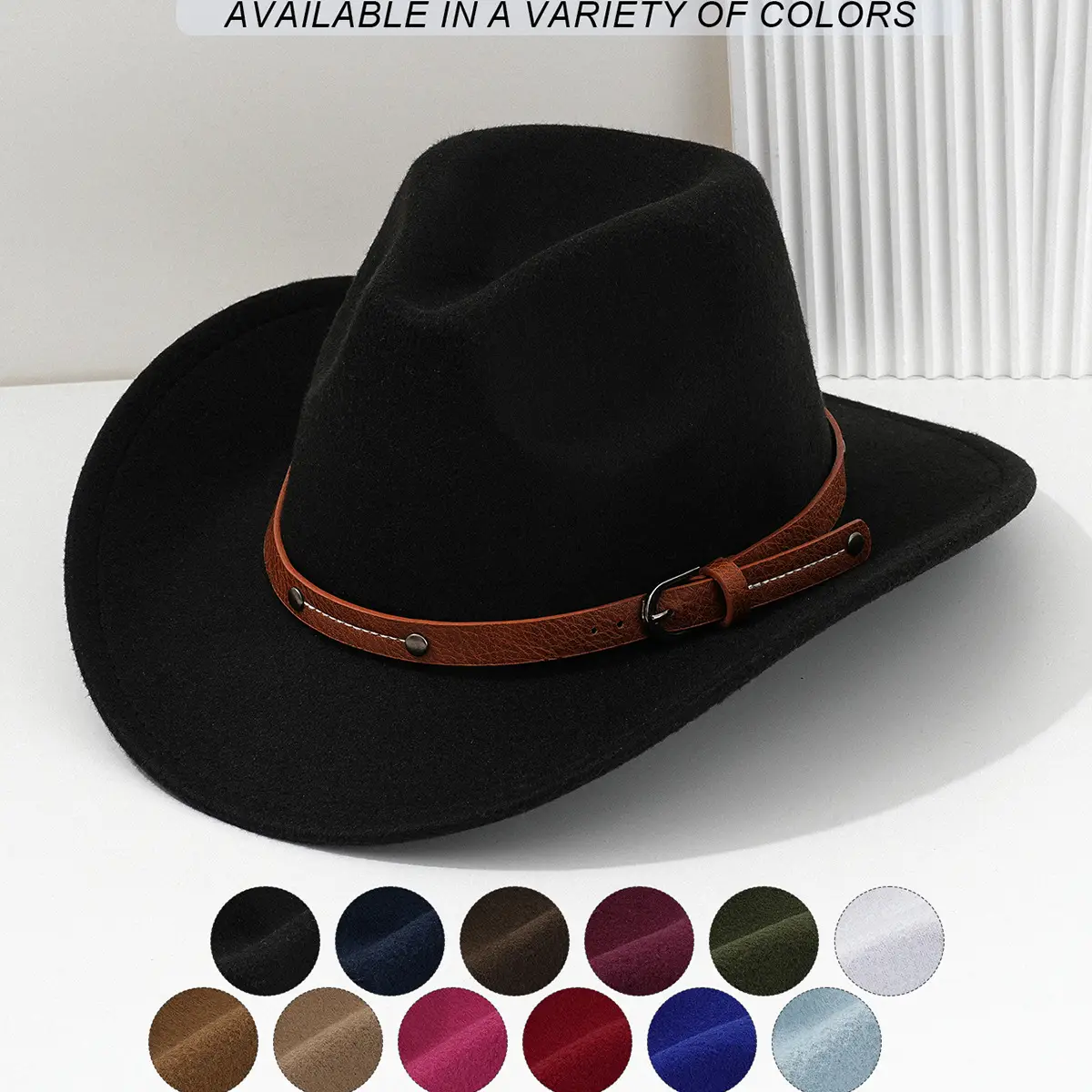 Men's Navy Felt Western Cowboy Hat with Leather Belt