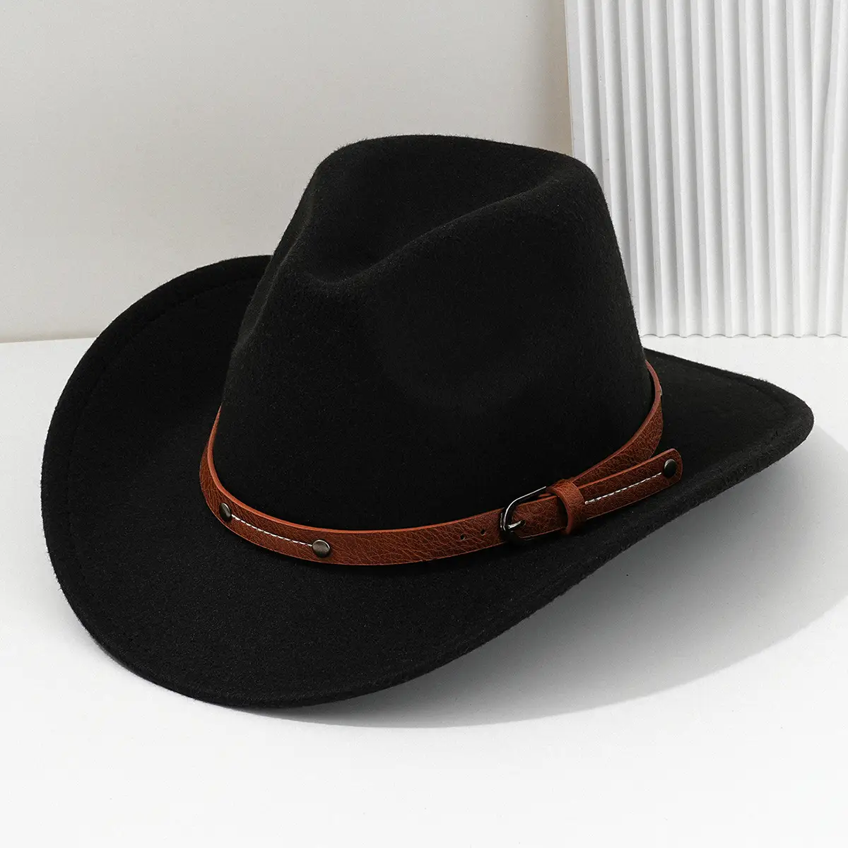 Men's Navy Felt Western Cowboy Hat with Leather Belt