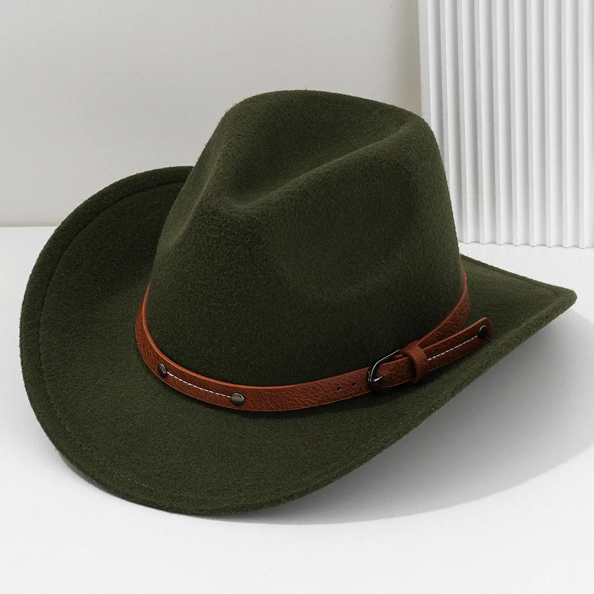 Men's Navy Felt Western Cowboy Hat with Leather Belt