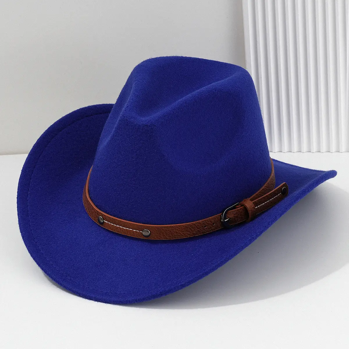 Men's Navy Felt Western Cowboy Hat with Leather Belt