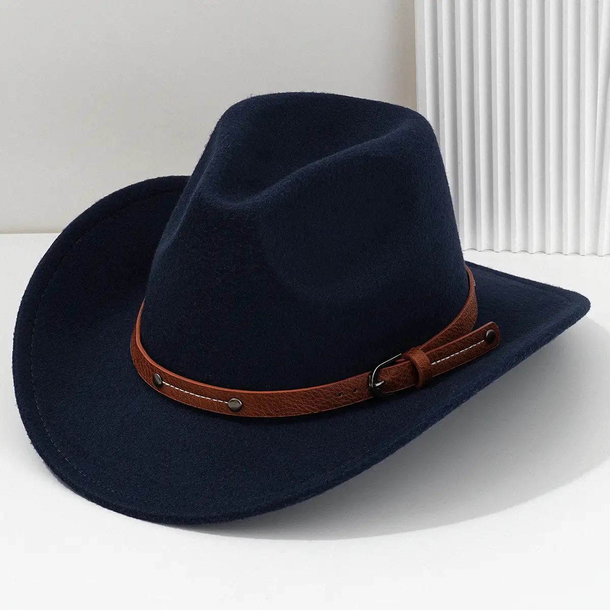 Men's Navy Felt Western Cowboy Hat with Leather Belt