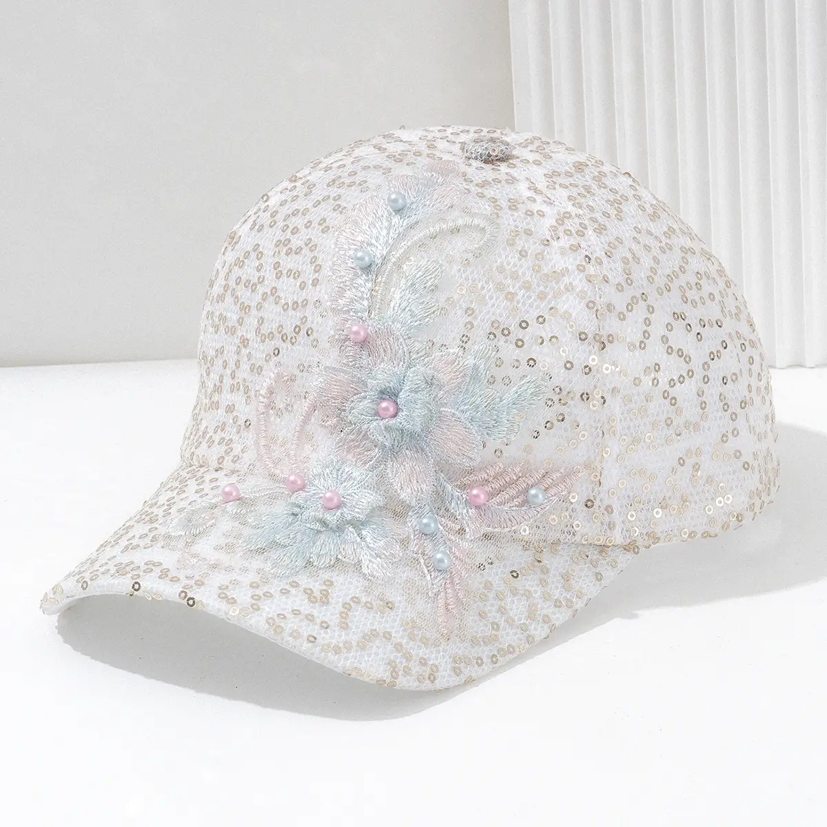 Embroidered Pearl Baseball Cap for Women with Lace Design
