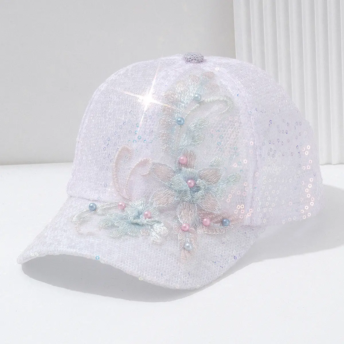 Embroidered Pearl Baseball Cap for Women with Lace Design