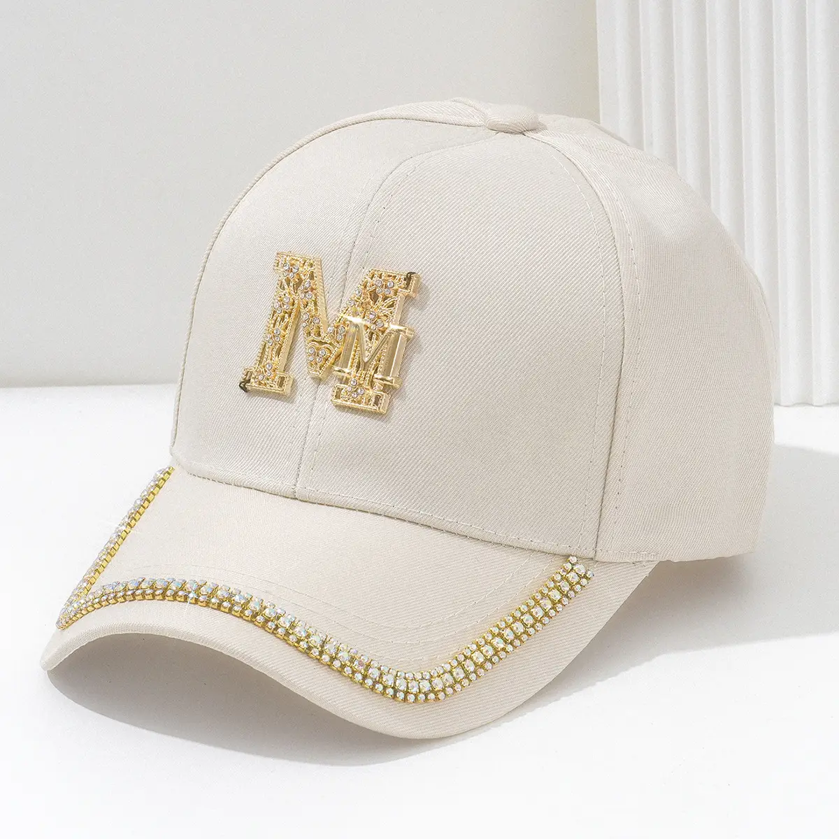 White Metal M Cap with Rhinestone Hip Hop Design