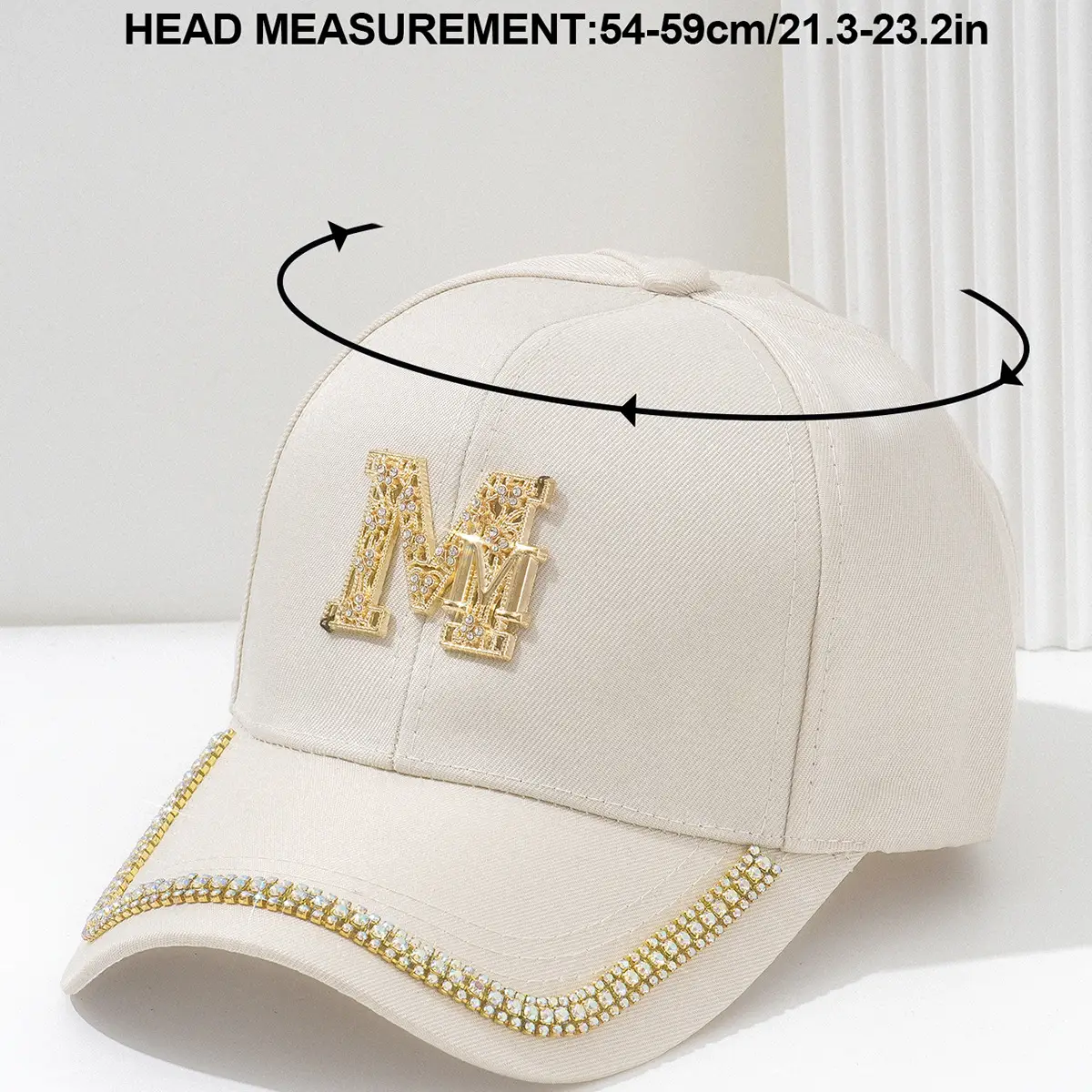White Metal M Cap with Rhinestone Hip Hop Design