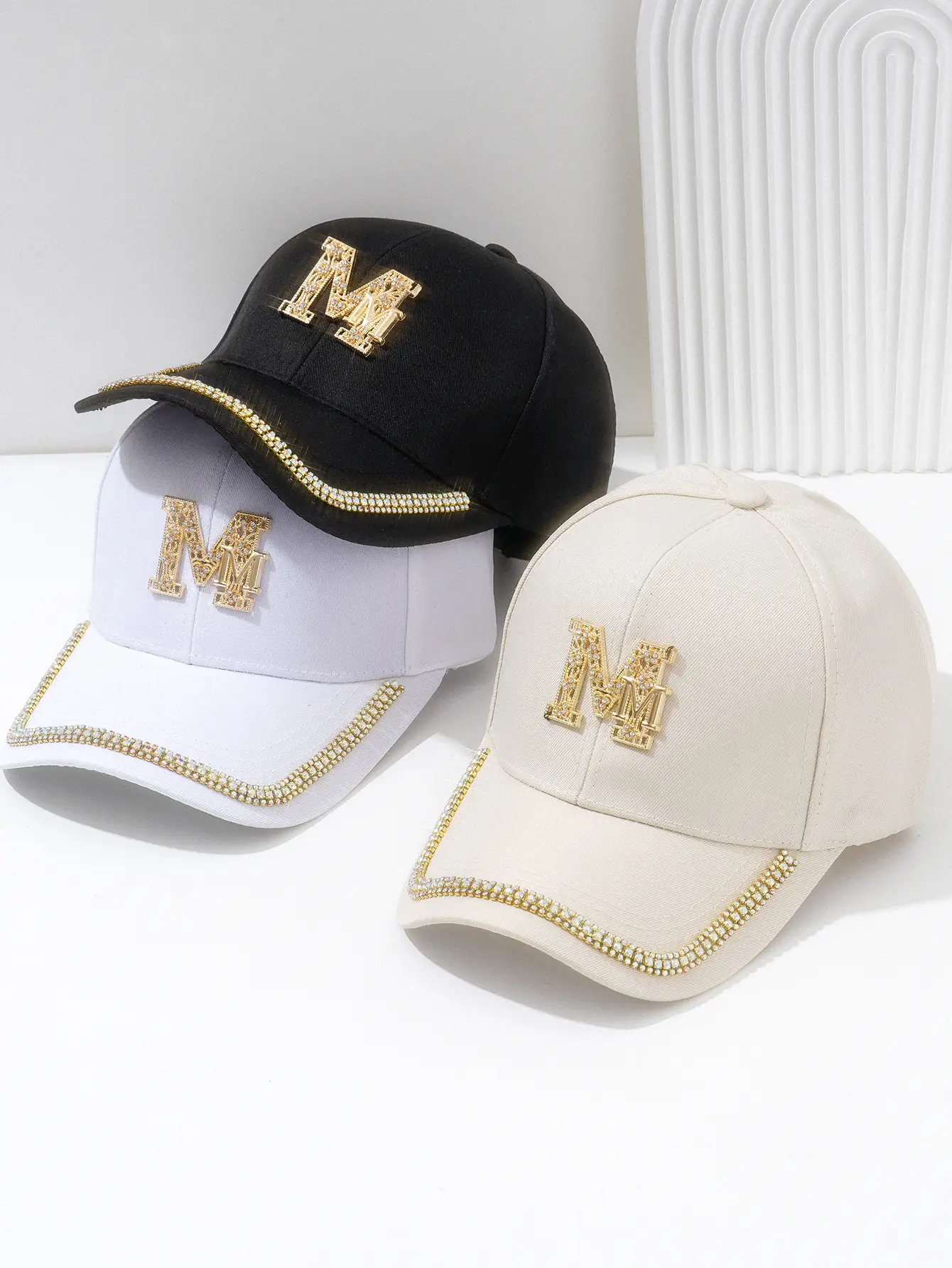 White Metal M Cap with Rhinestone Hip Hop Design — feature 1