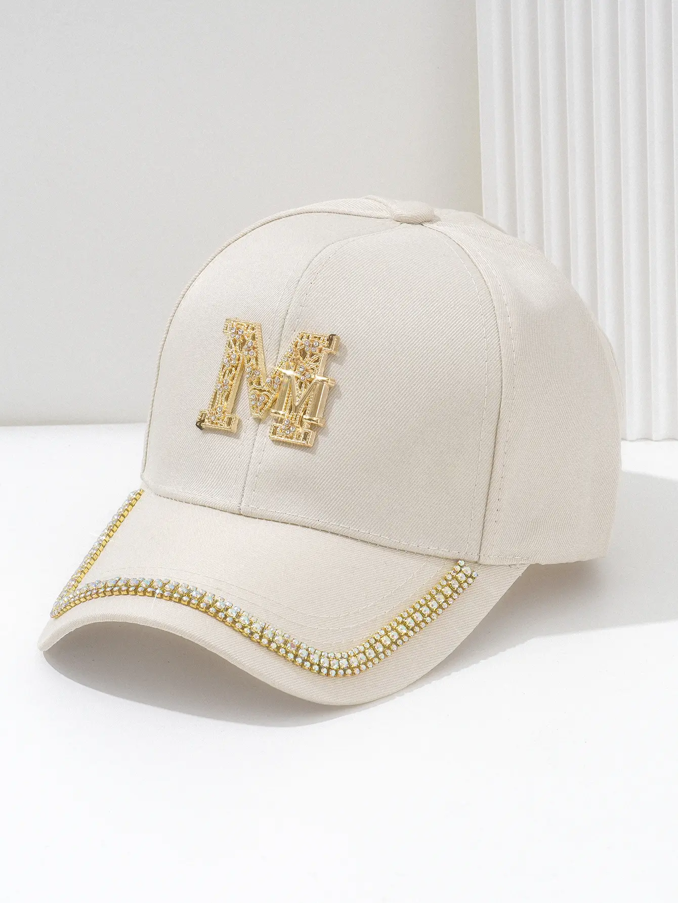 White Metal M Cap with Rhinestone Hip Hop Design — feature 2