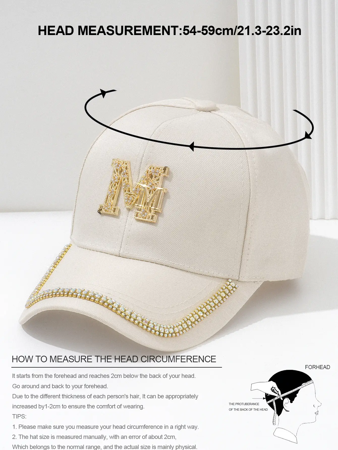 White Metal M Cap with Rhinestone Hip Hop Design — feature 3