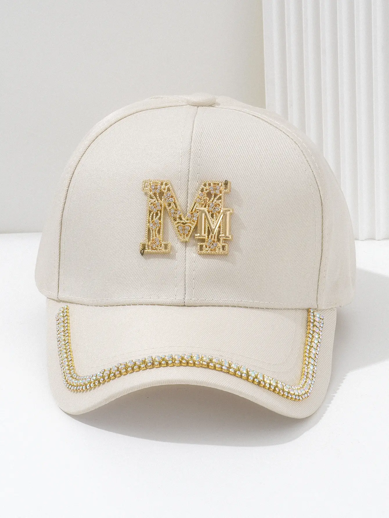 White Metal M Cap with Rhinestone Hip Hop Design — feature 4