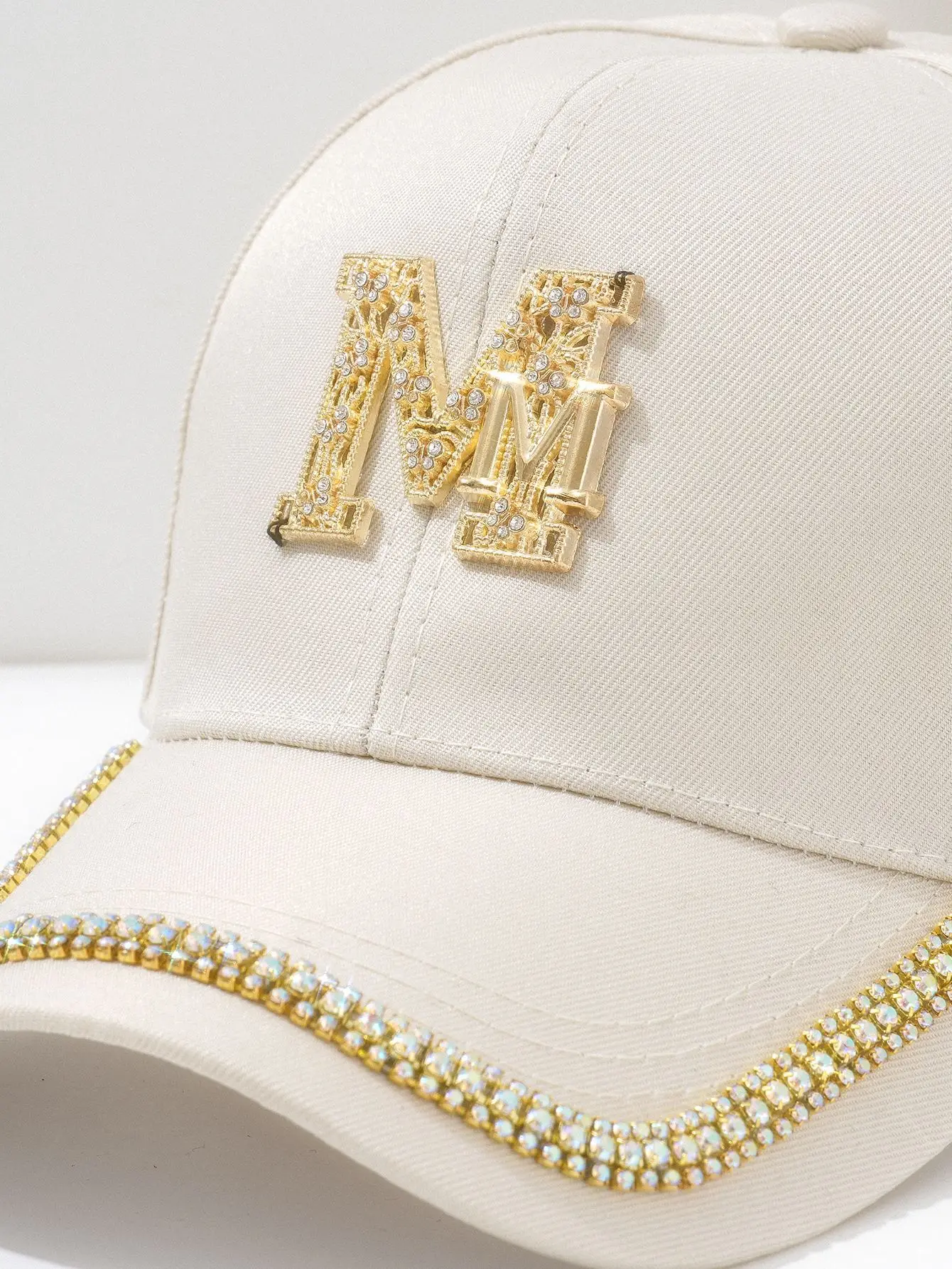White Metal M Cap with Rhinestone Hip Hop Design — feature 5