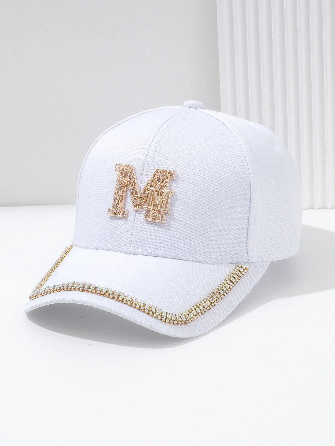 White Metal M Cap with Rhinestone Hip Hop Design — feature 6
