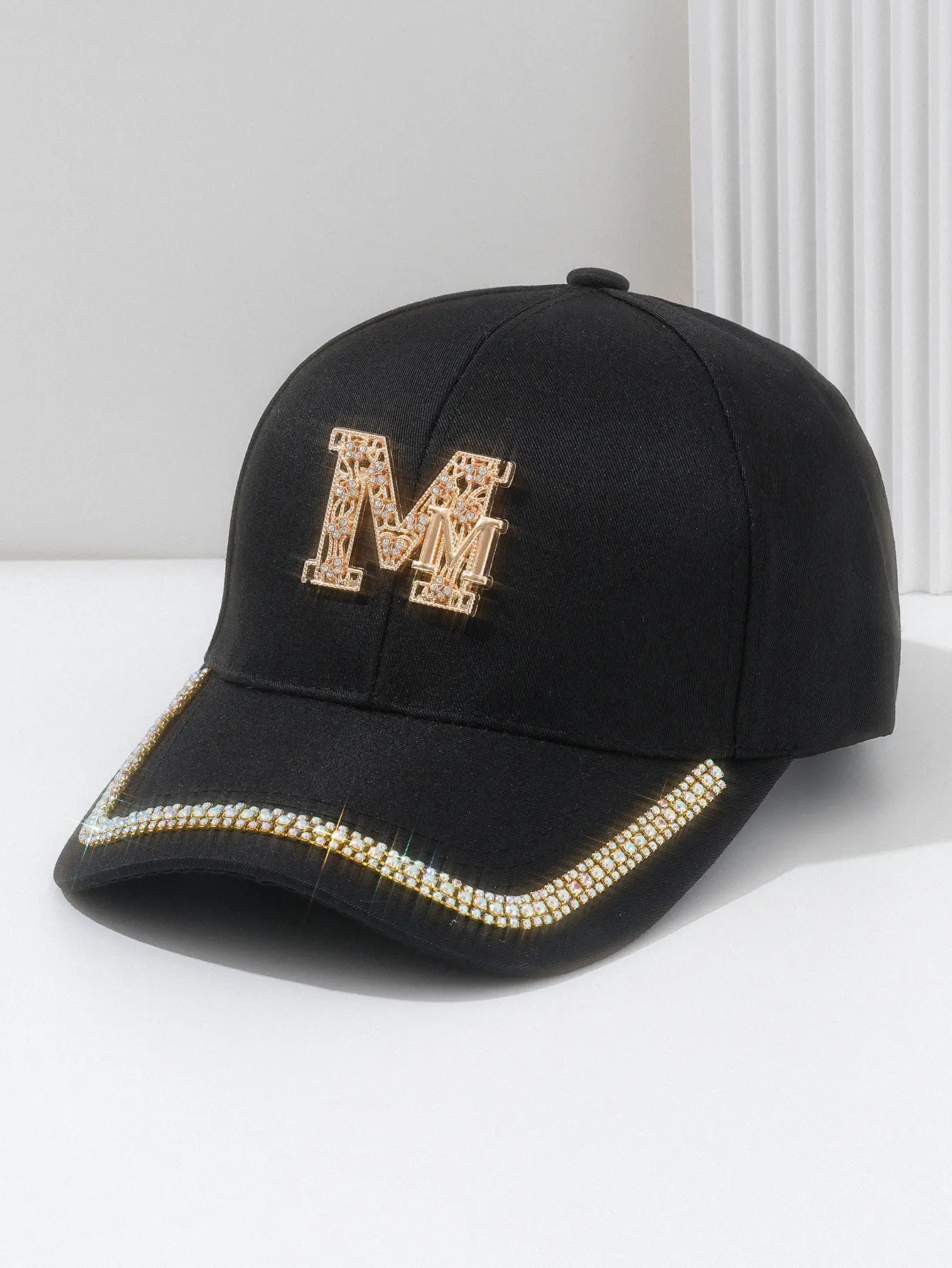 White Metal M Cap with Rhinestone Hip Hop Design — feature 7
