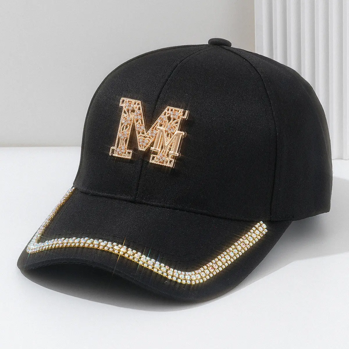 White Metal M Cap with Rhinestone Hip Hop Design