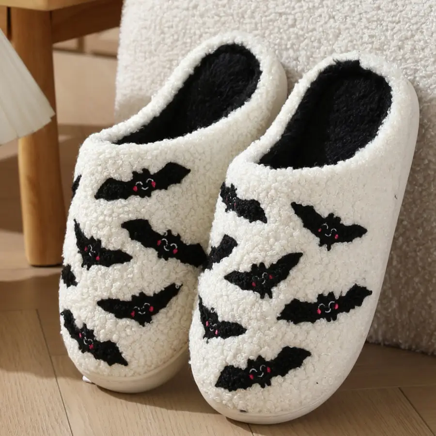 Halloween Cross-Border Hot-Selling Slippers for Women, Towel Embroidered Cotton Slippers, Winter Christmas Cotton Slippers, Home Plush Warm Slippers