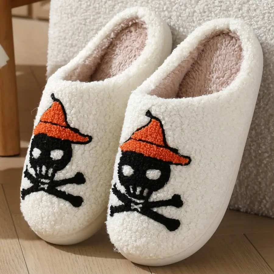 Halloween Cross-Border Hot-Selling Slippers for Women, Towel Embroidered Cotton Slippers, Winter Christmas Cotton Slippers, Home Plush Warm Slippers