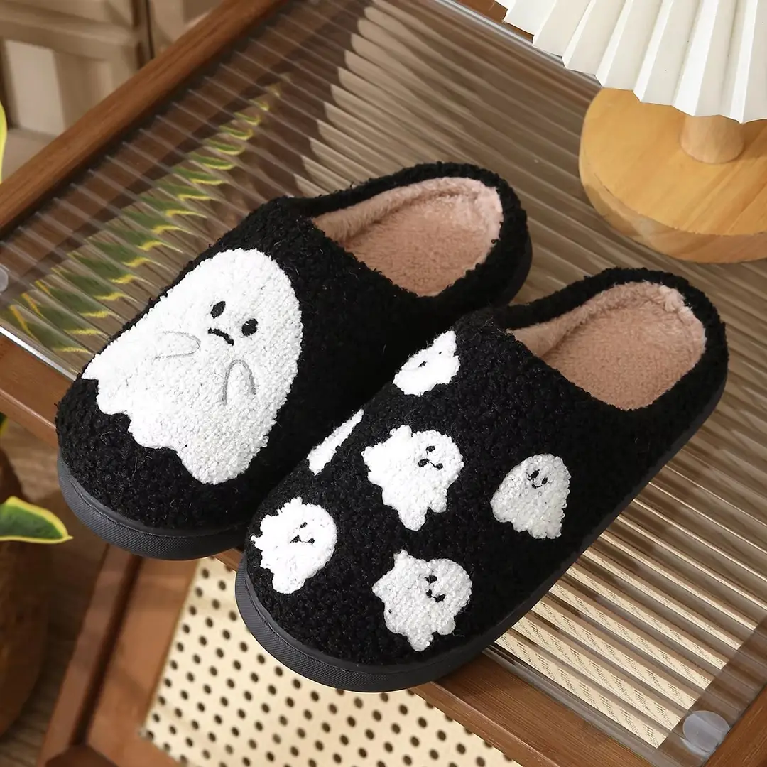 Halloween Cross-Border Hot-Selling Slippers for Women, Towel Embroidered Cotton Slippers, Winter Christmas Cotton Slippers, Home Plush Warm Slippers
