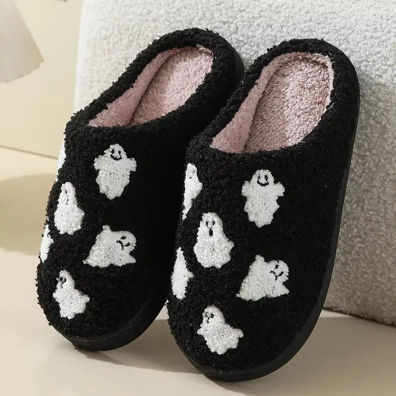 Halloween Cross-Border Hot-Selling Slippers for Women, Towel Embroidered Cotton Slippers, Winter Christmas Cotton Slippers, Home Plush Warm Slippers