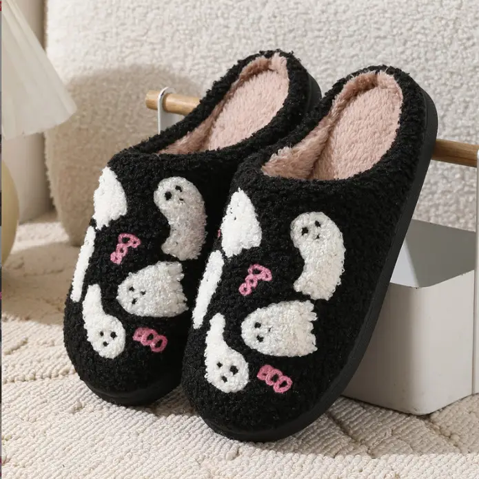 Halloween Cross-Border Hot-Selling Slippers for Women, Towel Embroidered Cotton Slippers, Winter Christmas Cotton Slippers, Home Plush Warm Slippers