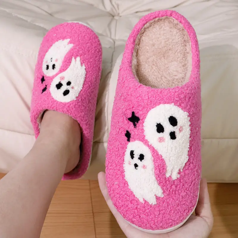 Halloween Cross-Border Hot-Selling Slippers for Women, Towel Embroidered Cotton Slippers, Winter Christmas Cotton Slippers, Home Plush Warm Slippers