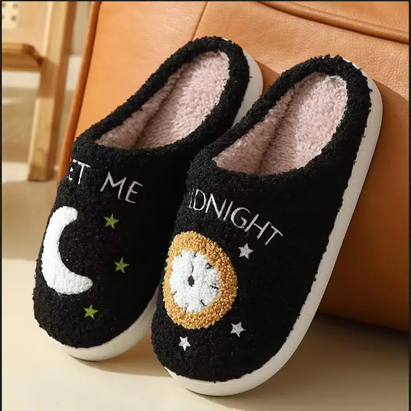 Halloween Cross-Border Hot-Selling Slippers for Women, Towel Embroidered Cotton Slippers, Winter Christmas Cotton Slippers, Home Plush Warm Slippers