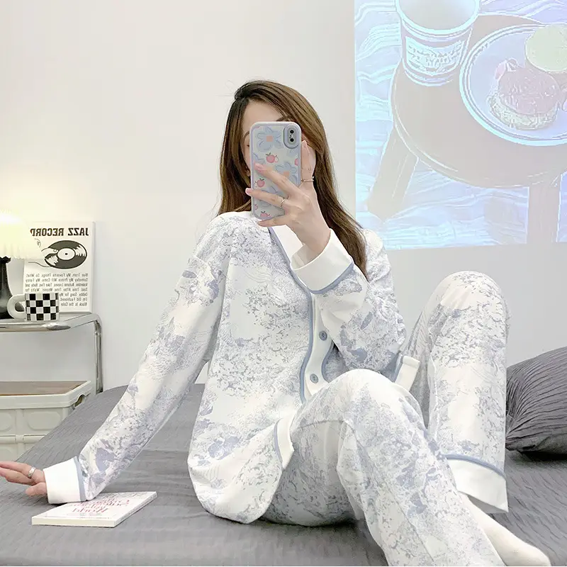 Pregnant Women's Pajamas with Chest Pads Spring and Summer Thin Cotton Sweat Absorbing in Spring and Autumn Postpartum Pregnancy Nursing Clothes