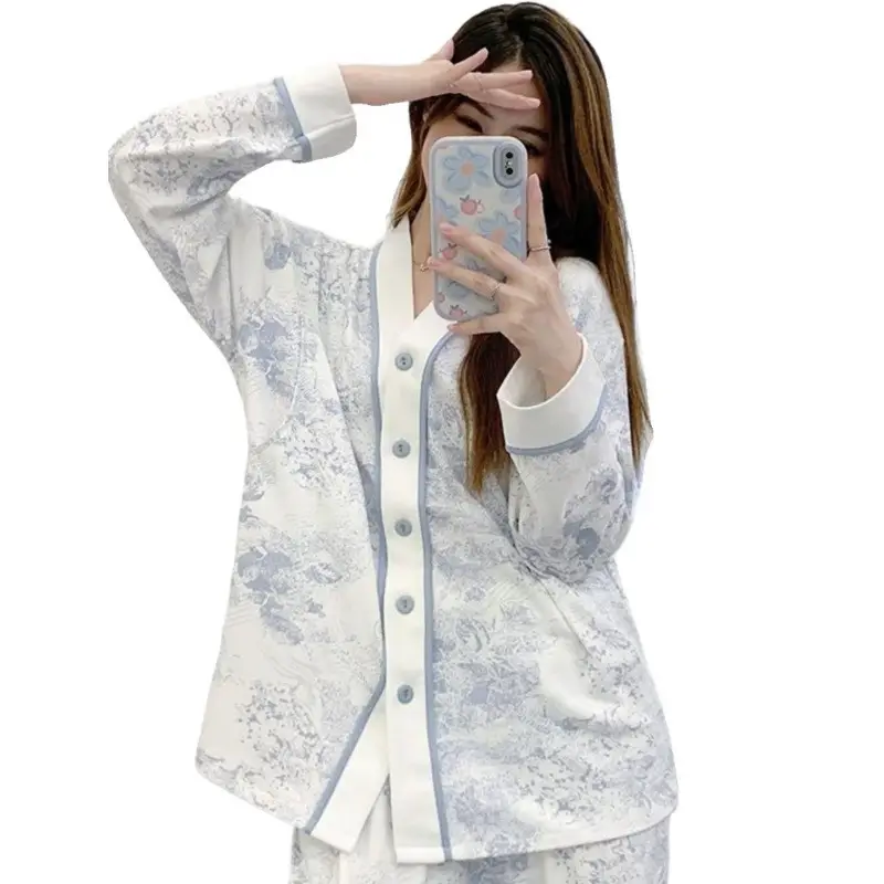 Pregnant Women's Pajamas with Chest Pads Spring and Summer Thin Cotton Sweat Absorbing in Spring and Autumn Postpartum Pregnancy Nursing Clothes