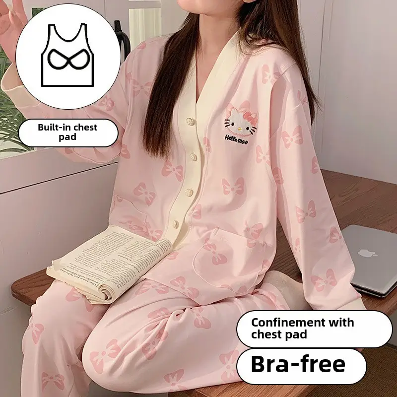 Pregnant Women's Pajamas with Chest Pads Spring and Summer Thin Cotton Sweat Absorbing in Spring and Autumn Postpartum Pregnancy Nursing Clothes