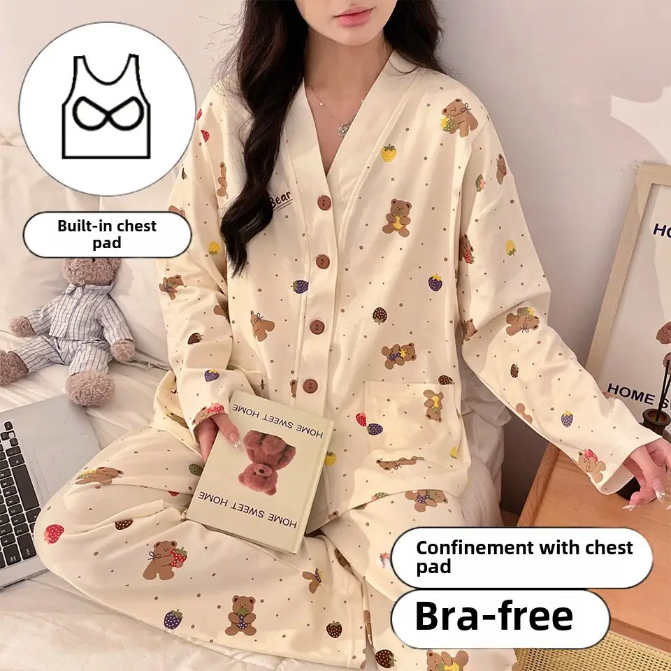 Pregnant Women's Pajamas with Chest Pads Spring and Summer Thin Cotton Sweat Absorbing in Spring and Autumn Postpartum Pregnancy Nursing Clothes