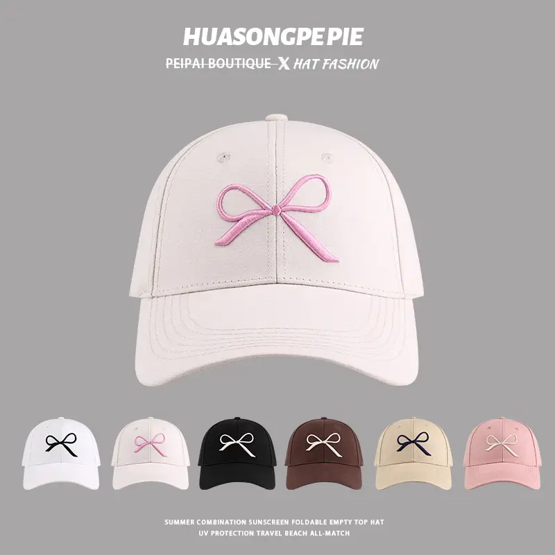 Women Embroidered Bow Baseball Cap Pink White Spring Summer — feature 1