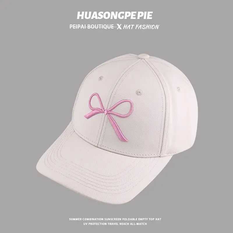 Women Embroidered Bow Baseball Cap Pink White Spring Summer — feature 13