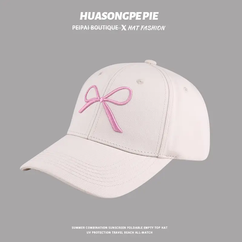 Women Embroidered Bow Baseball Cap Pink White Spring Summer — feature 9