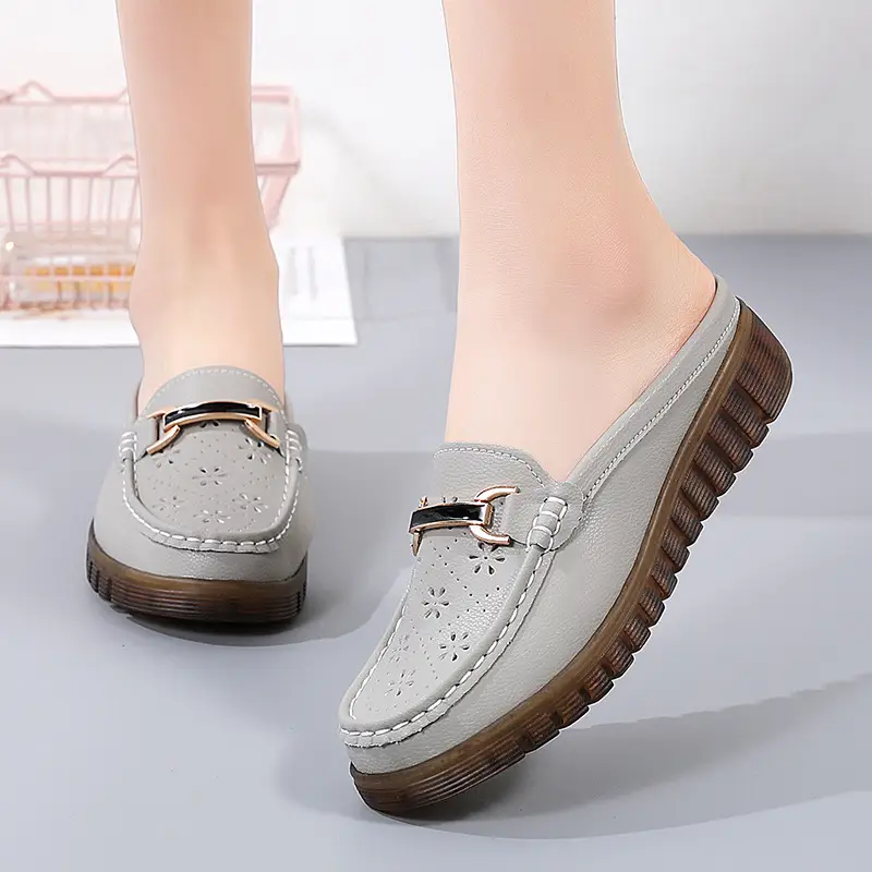 Half Slippers Women's Wedge Shallow Mouth Slip-on Spring and Summer Hollow Breathable Home Office Lightweight Ox-tendon Sole Middle-aged Slippers - Image 6