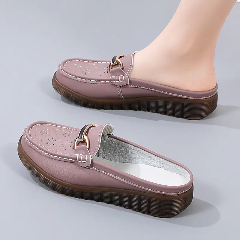 Half Slippers Women's Wedge Shallow Mouth Slip-on Spring and Summer Hollow Breathable Home Office Lightweight Ox-tendon Sole Middle-aged Slippers - Image 8