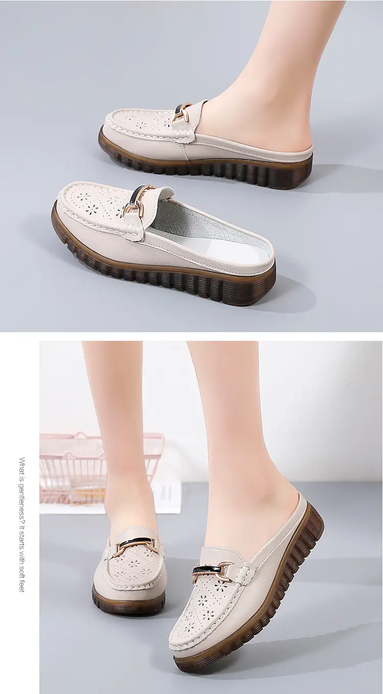 Half Slippers Women's Wedge Shallow Mouth Slip-on Spring and Summer Hollow Breathable Home Office Lightweight Ox-tendon Sole Middle-aged Slippers — feature 12