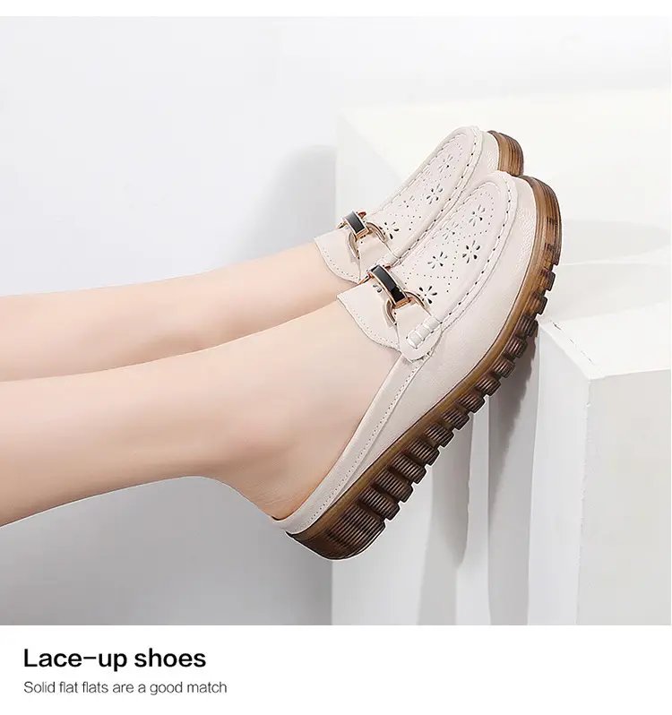 Half Slippers Women's Wedge Shallow Mouth Slip-on Spring and Summer Hollow Breathable Home Office Lightweight Ox-tendon Sole Middle-aged Slippers — feature 13