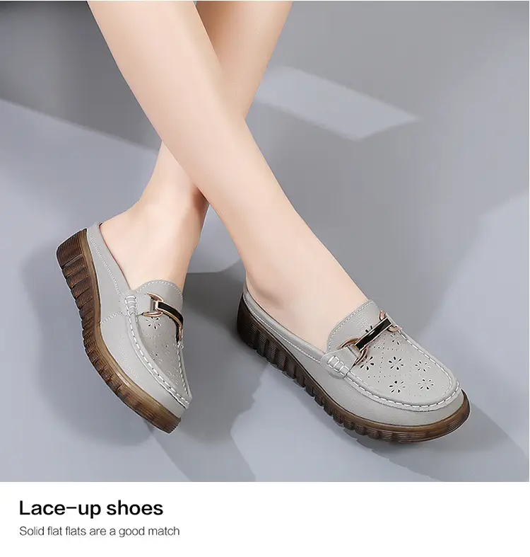 Half Slippers Women's Wedge Shallow Mouth Slip-on Spring and Summer Hollow Breathable Home Office Lightweight Ox-tendon Sole Middle-aged Slippers — feature 16