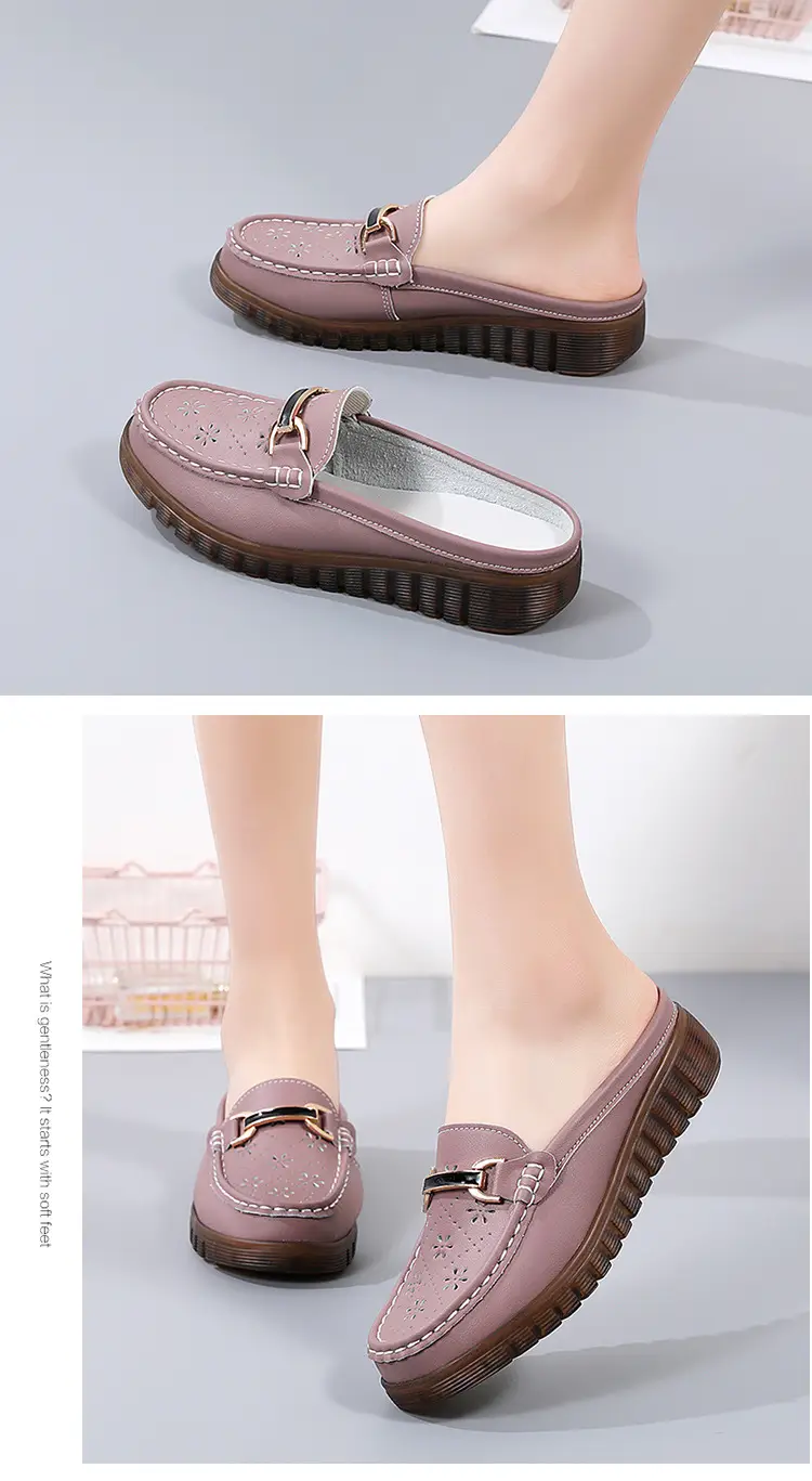 Half Slippers Women's Wedge Shallow Mouth Slip-on Spring and Summer Hollow Breathable Home Office Lightweight Ox-tendon Sole Middle-aged Slippers — feature 18