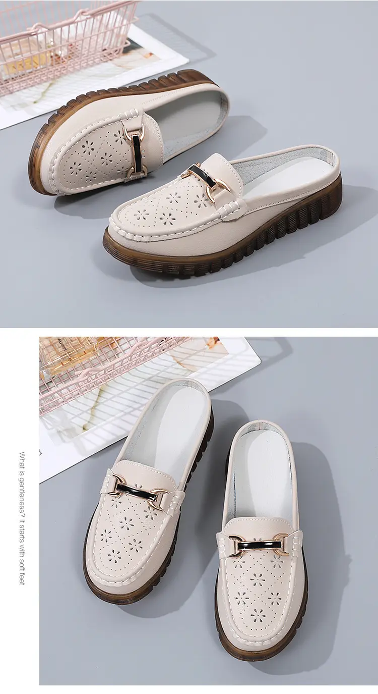 Half Slippers Women's Wedge Shallow Mouth Slip-on Spring and Summer Hollow Breathable Home Office Lightweight Ox-tendon Sole Middle-aged Slippers — feature 24