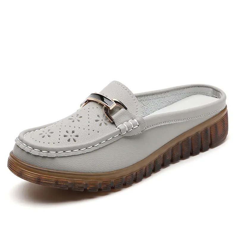 Half Slippers Women's Wedge Shallow Mouth Slip-on Spring and Summer Hollow Breathable Home Office Lightweight Ox-tendon Sole Middle-aged Slippers - Image 2