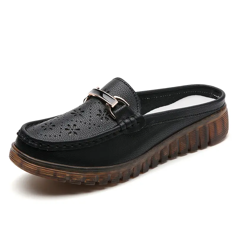 Half Slippers Women's Wedge Shallow Mouth Slip-on Spring and Summer Hollow Breathable Home Office Lightweight Ox-tendon Sole Middle-aged Slippers - Image 3