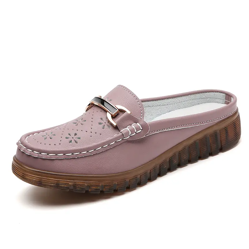 Half Slippers Women's Wedge Shallow Mouth Slip-on Spring and Summer Hollow Breathable Home Office Lightweight Ox-tendon Sole Middle-aged Slippers - Image 4