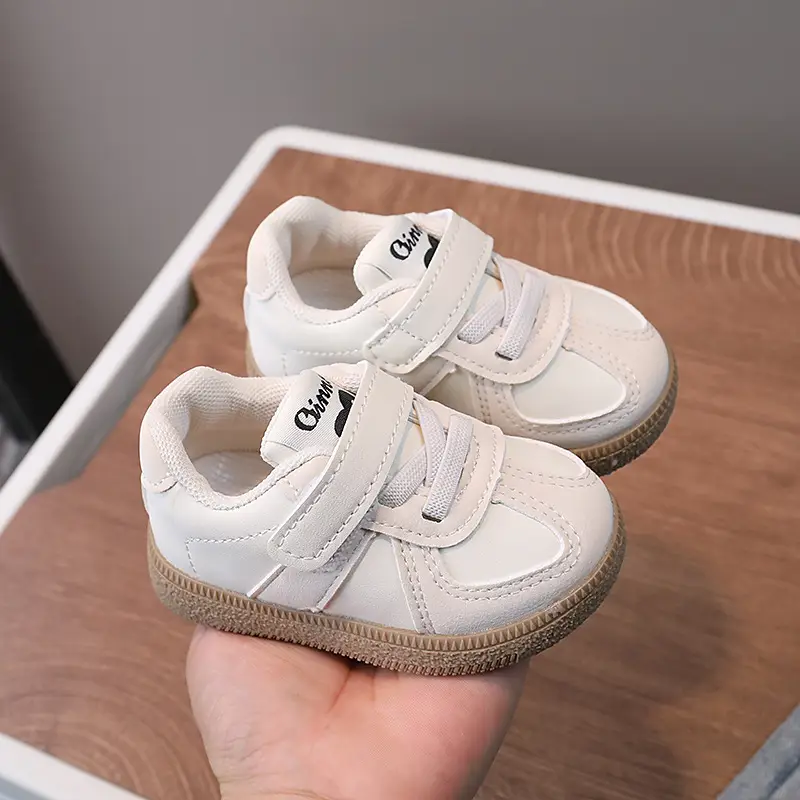Baby Sneakers White Beige Velcro Toddler Board Shoes