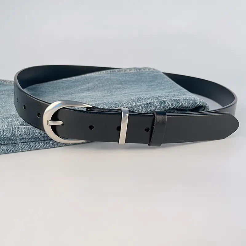 Women's Black Genuine Leather Belt with Silver Buckle - Image 11