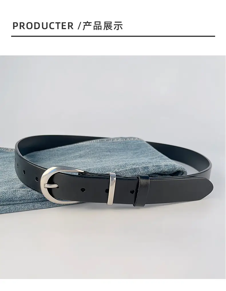 Women's Black Genuine Leather Belt with Silver Buckle β feature 10