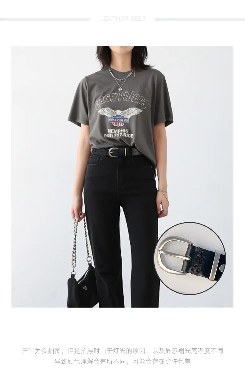 Women's Black Genuine Leather Belt with Silver Buckle β feature 2