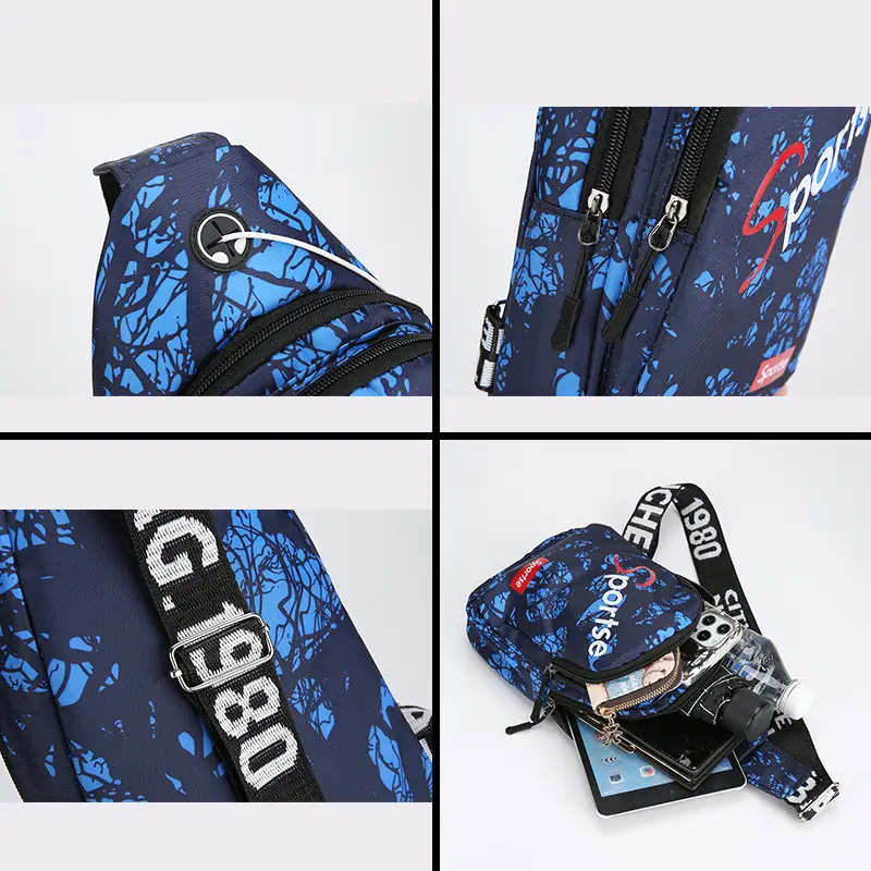Men's Blue Printed Sports Chest Bag with Adjustable Strap - Image 5