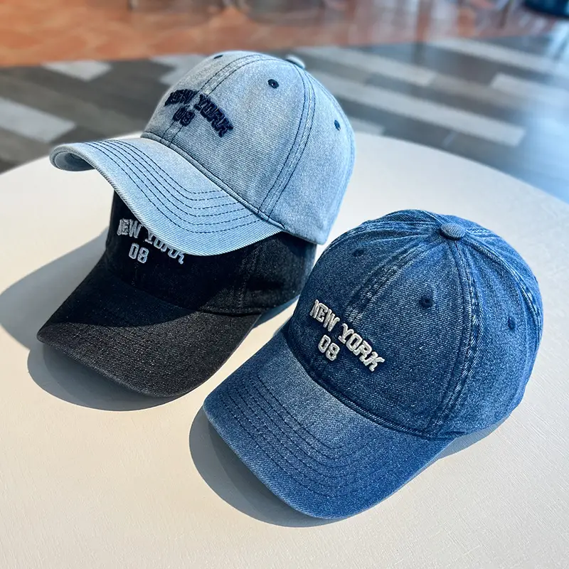 Korean Letter Embroidered Wash Denim Caps - Image 4
